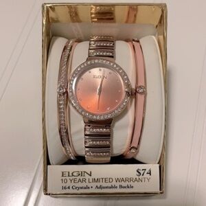 Elgin Rose watch gold tone bracelet watch coordinated set OS